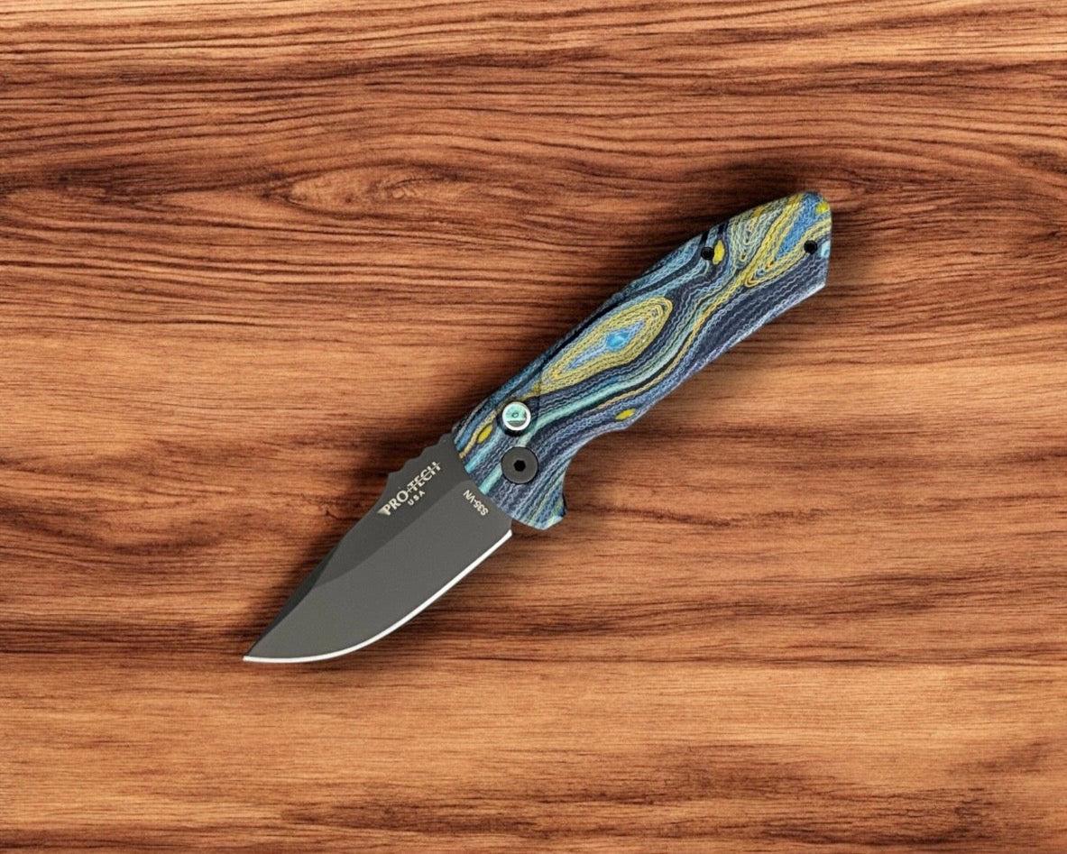 Pro-Tech-Pro-Tech Les George SBR AUTO - Custom "Starry Night" Micarta Handle - DLC Black s35vn Blade - Abalone Button-Urban Cutlery
