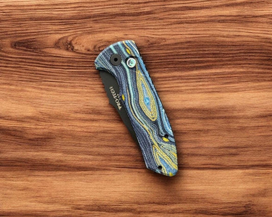 Pro-Tech-Pro-Tech Les George SBR AUTO - Custom "Starry Night" Micarta Handle - DLC Black s35vn Blade - Abalone Button-Urban Cutlery