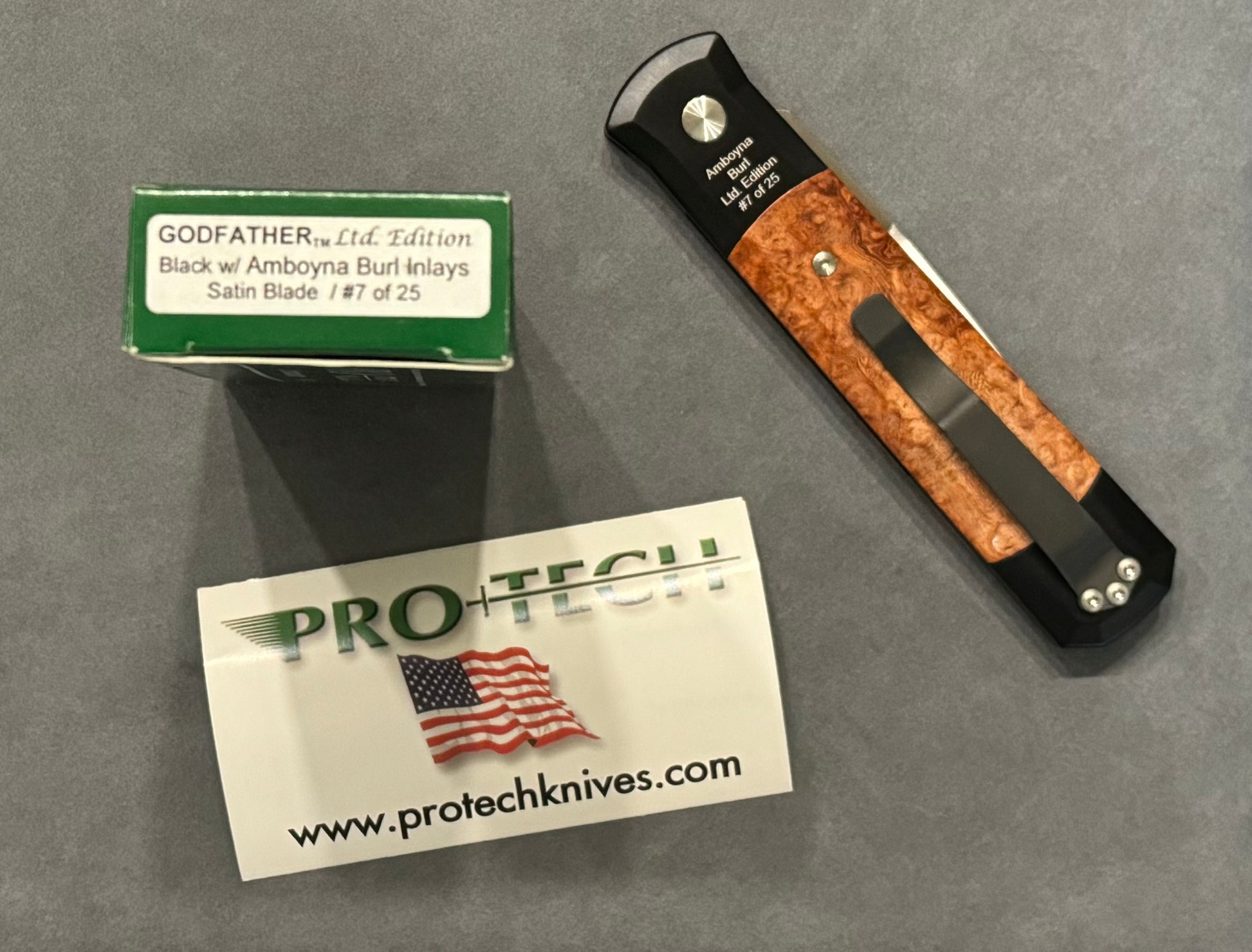 Pro-Tech-Pro-Tech Limited Edition Godfather - Black w/ Amboyna Burl Inlays - Satin Blade #7 of 25 - Brand New-Urban Cutlery