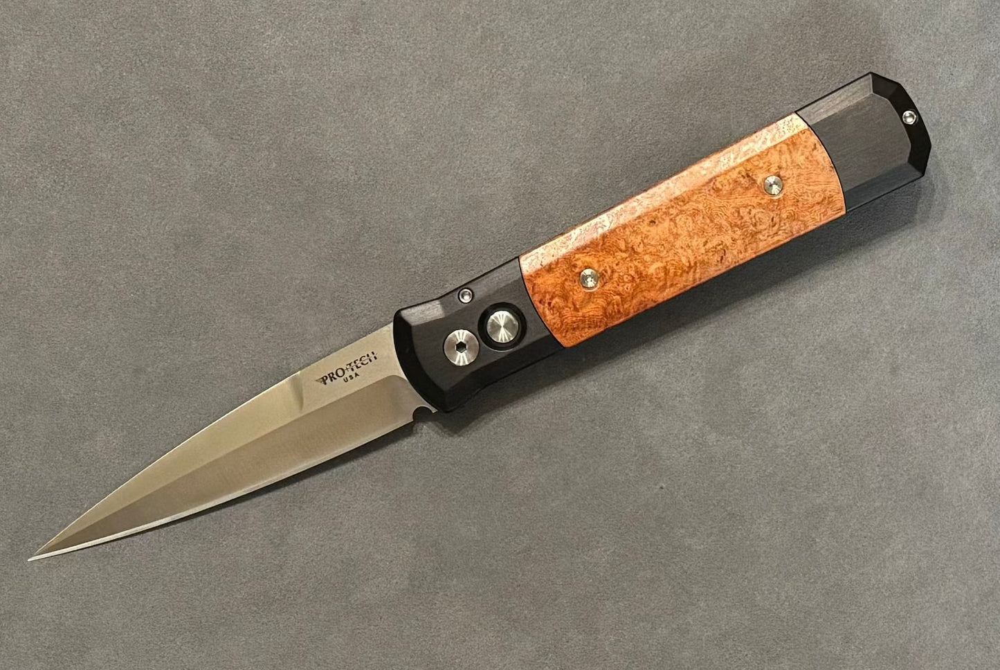 Pro-Tech-Pro-Tech Limited Edition Godfather - Black w/ Amboyna Burl Inlays - Satin Blade #7 of 25 - Brand New-Urban Cutlery
