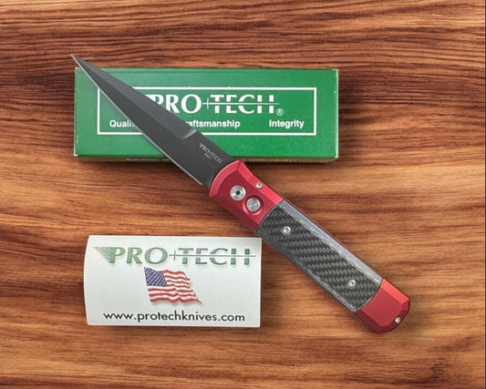 Pro-Tech-Pro-Tech Ltd Edition Godfather AUTO - Red Aluminum and Black Carbon Fiber Handle - DLC Black 154CM Blade-1-Urban Cutlery
