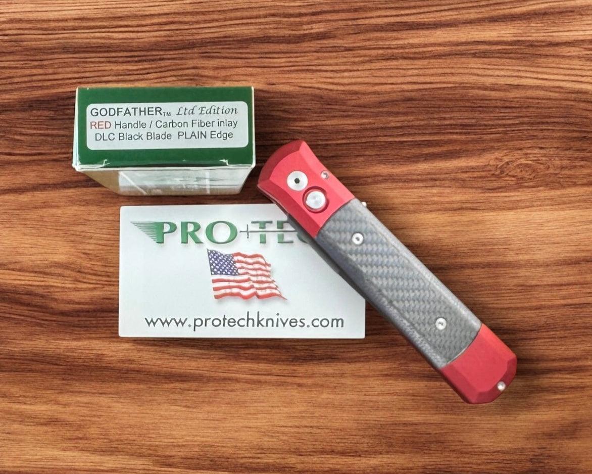 Pro-Tech-Pro-Tech Ltd Edition Godfather AUTO - Red Aluminum and Black Carbon Fiber Handle - DLC Black 154CM Blade-Urban Cutlery