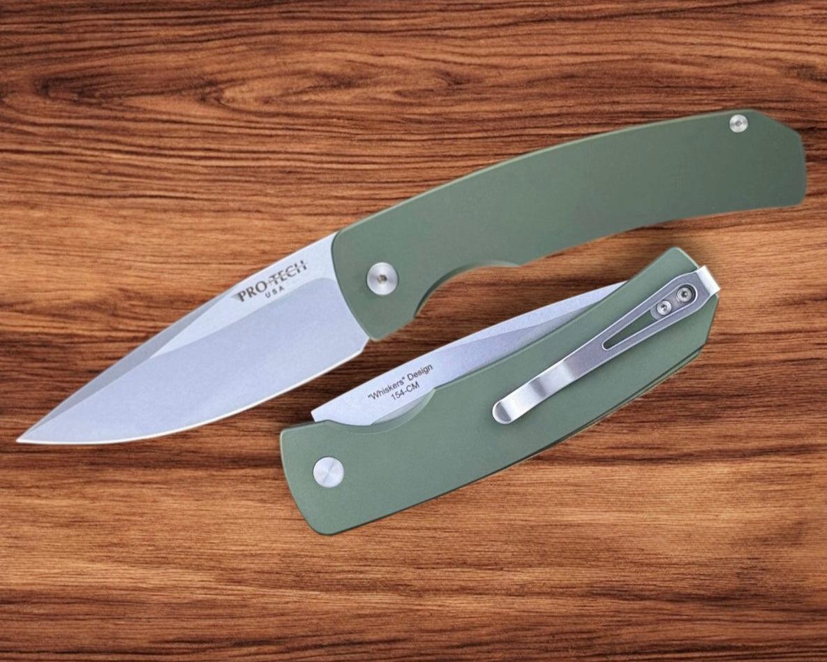 Pro-Tech-Pro-Tech M2601-Green Mike "Whiskers" Allen Design Blade Scale Release Auto - Solid Green Handles - Stonewash 154CM Blade-1-Urban Cutlery
