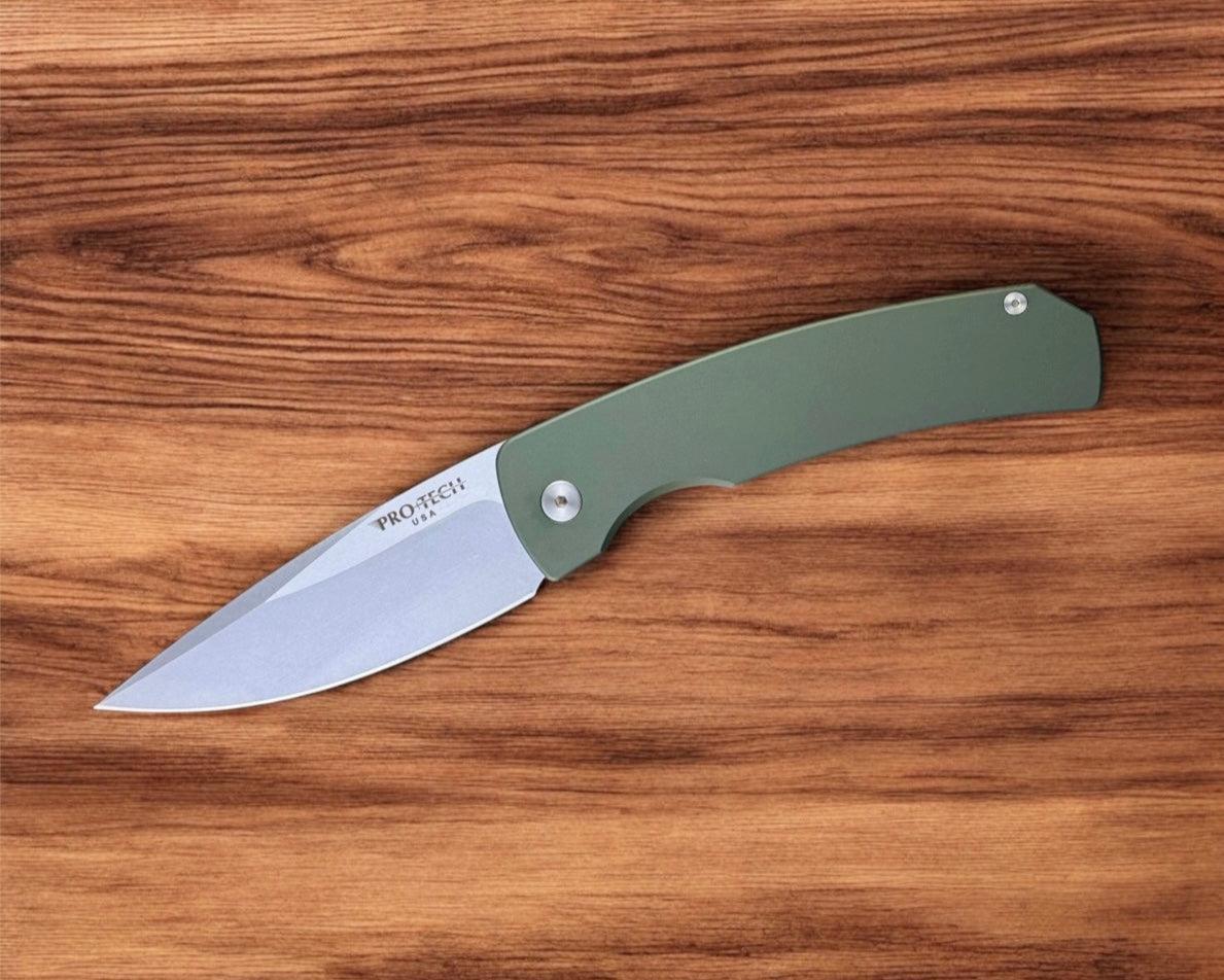 Pro-Tech-Pro-Tech M2601-Green Mike "Whiskers" Allen Design Blade Scale Release Auto - Solid Green Handles - Stonewash 154CM Blade-2-Urban Cutlery