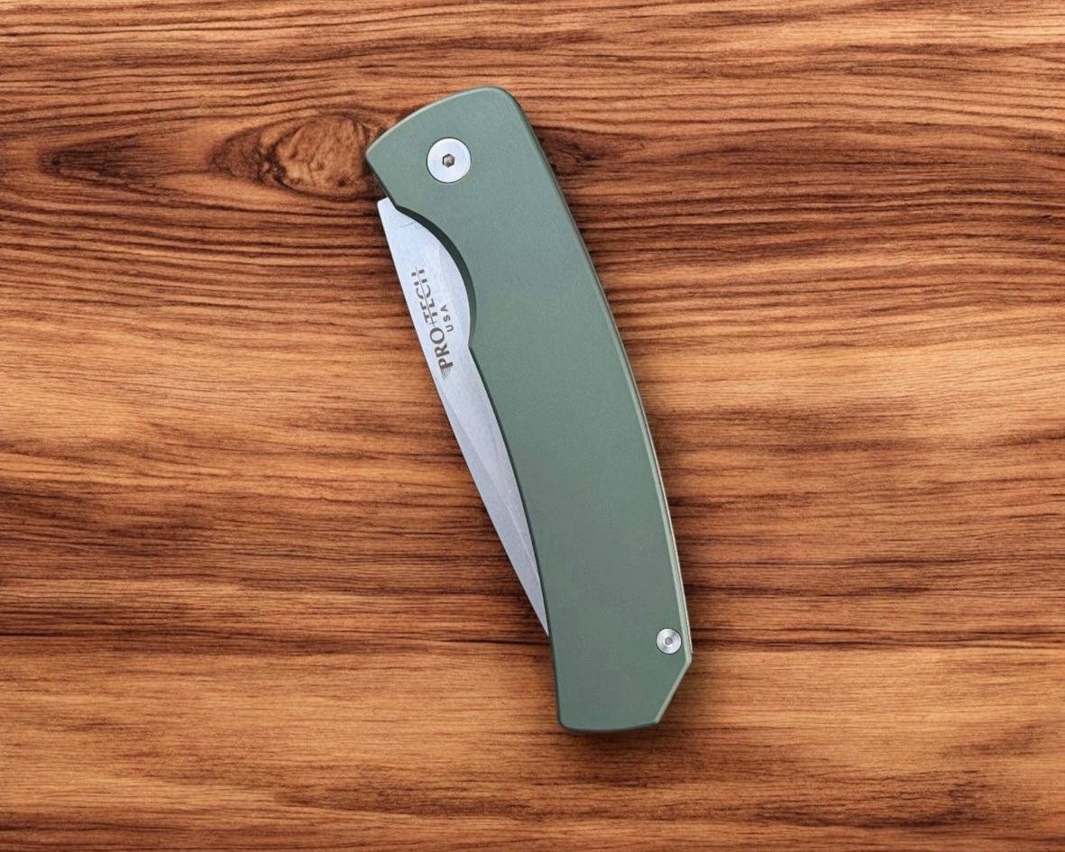 Pro-Tech-Pro-Tech M2601-Green Mike "Whiskers" Allen Design Blade Scale Release Auto - Solid Green Handles - Stonewash 154CM Blade-4-Urban Cutlery