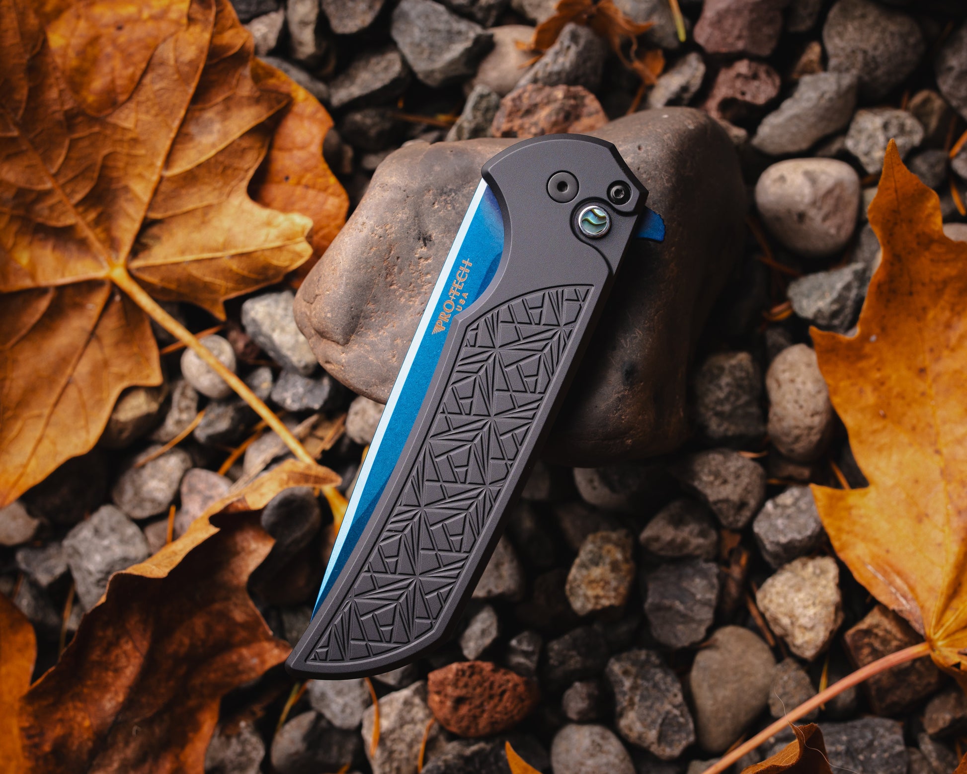 Pro-Tech-Pro-Tech MX106.SB NEXUS Mordax - "Nexus" Textured Black Handle - Sapphire Blue Magnacut Blade - Abalone Button - DLC Black Mini Deep Carry Clip-Urban Cutlery