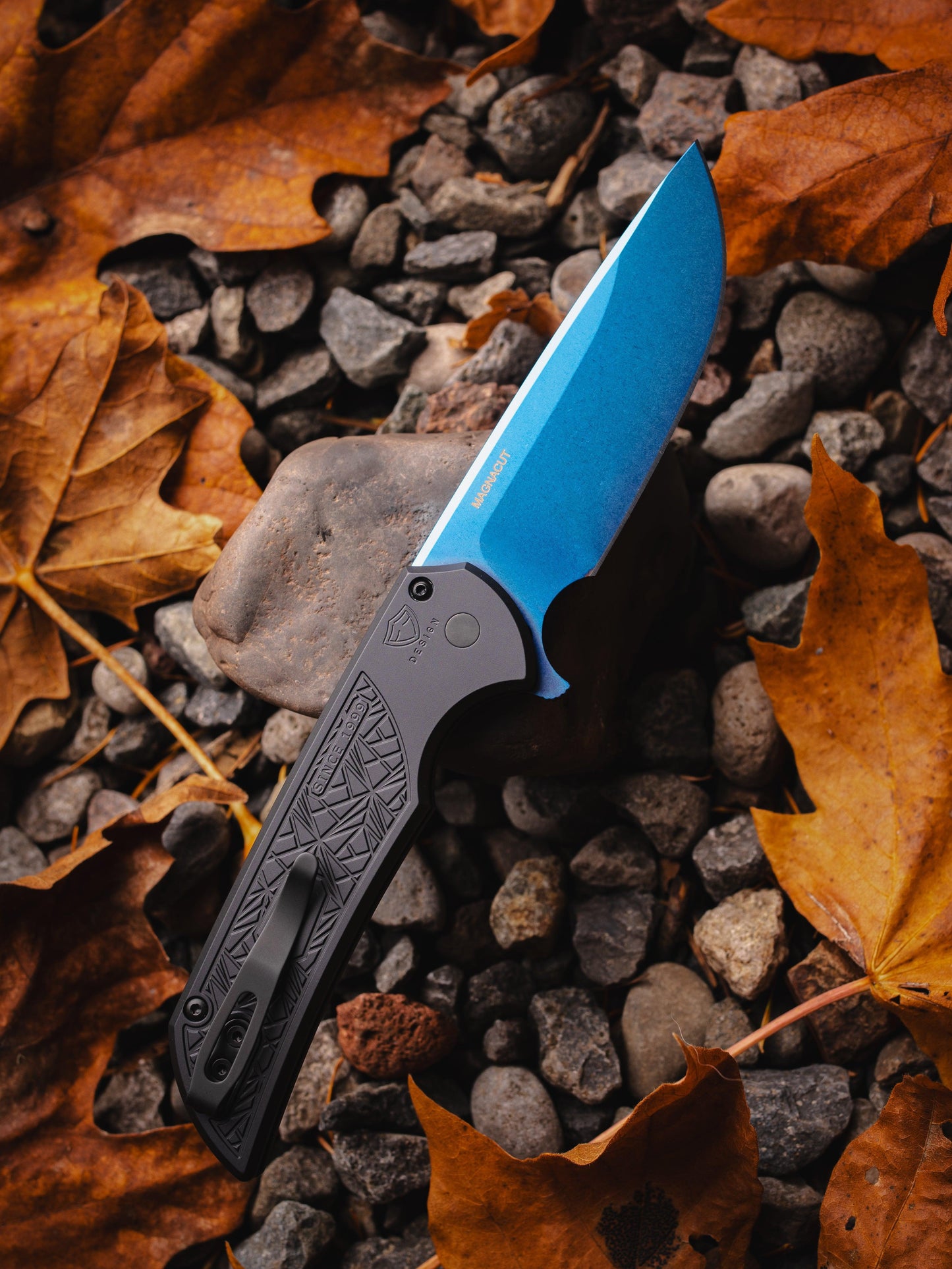 Pro-Tech-Pro-Tech MX106.SB NEXUS Mordax - "Nexus" Textured Black Handle - Sapphire Blue Magnacut Blade - Abalone Button - DLC Black Mini Deep Carry Clip-Urban Cutlery