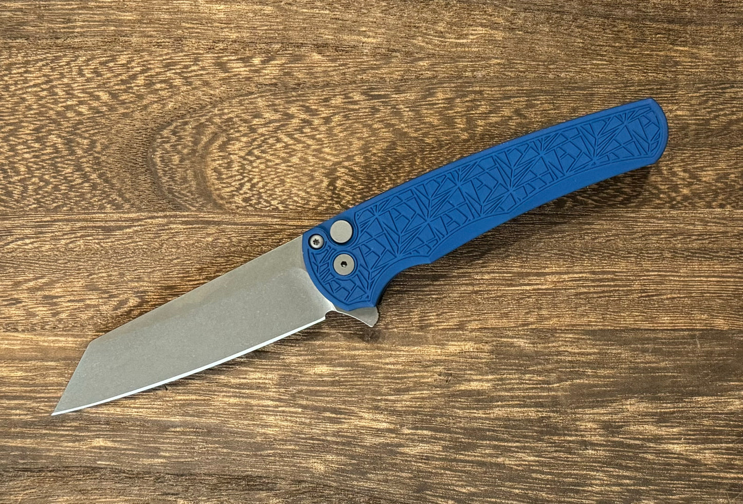 Pro-Tech-Pro-Tech Malibu "Nexus" - Blue 25 Year Anniversary Pattern Milled Handle - Stonewash Reverse Tanto Blade - MOP Inlaid Push Button - Blasted Hardware - (5405-BLUE NEXUS)-1-Urban Cutlery