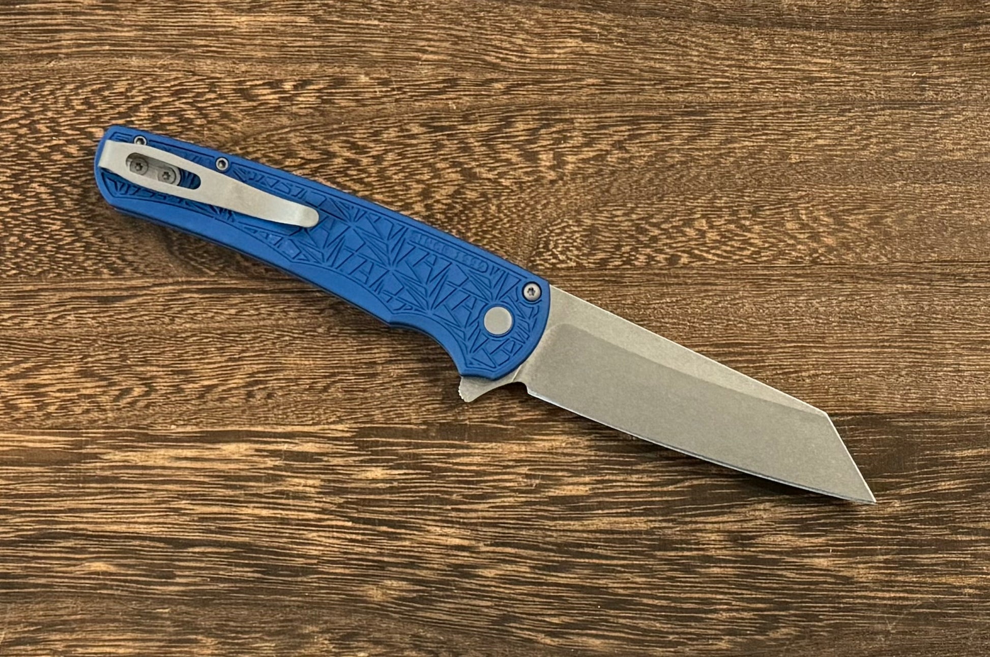 Pro-Tech-Pro-Tech Malibu "Nexus" - Blue 25 Year Anniversary Pattern Milled Handle - Stonewash Reverse Tanto Blade - MOP Inlaid Push Button - Blasted Hardware - (5405-BLUE NEXUS)-2-Urban Cutlery