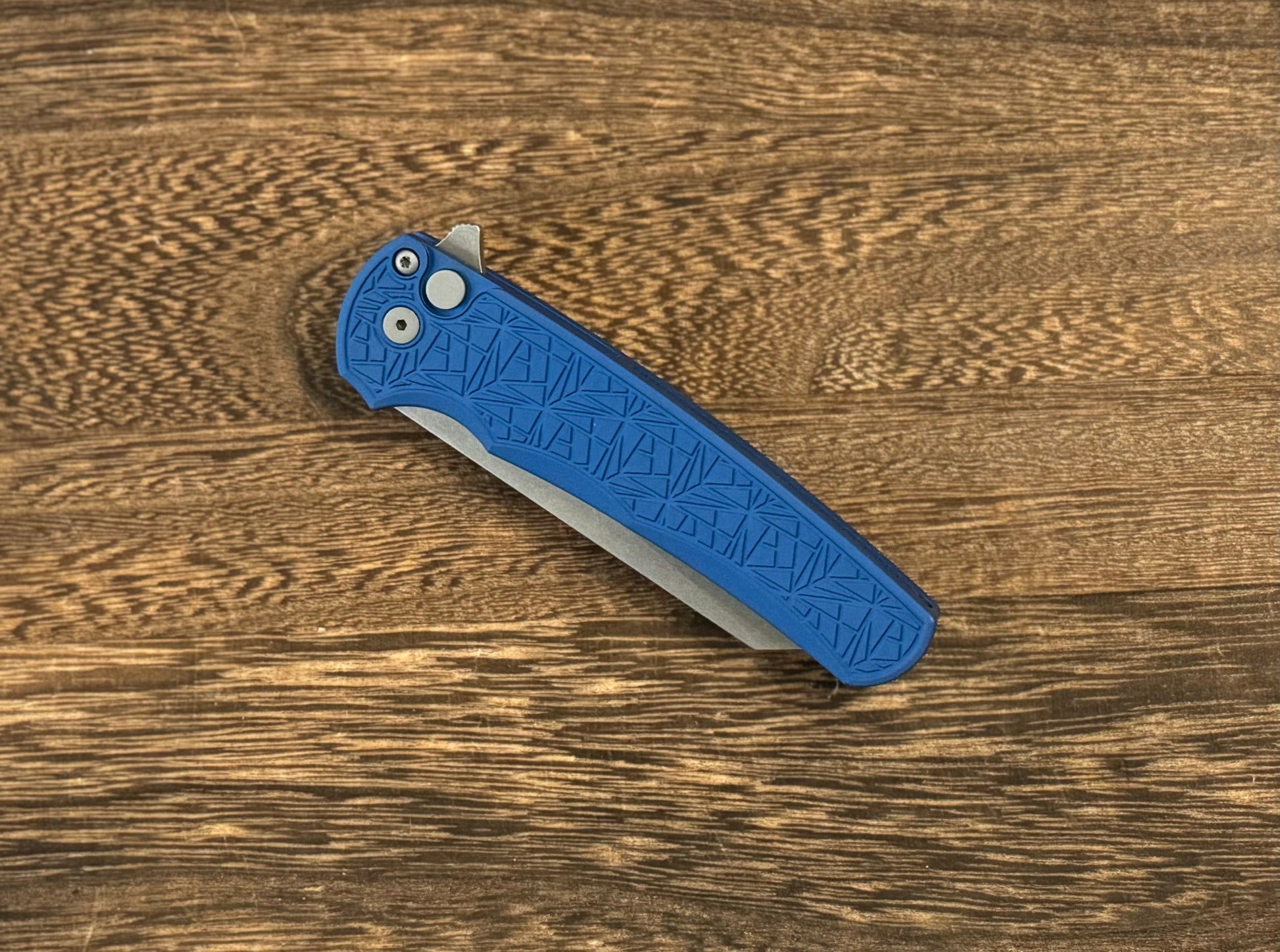 Pro-Tech-Pro-Tech Malibu "Nexus" - Blue 25 Year Anniversary Pattern Milled Handle - Stonewash Reverse Tanto Blade - MOP Inlaid Push Button - Blasted Hardware - (5405-BLUE NEXUS)-3-Urban Cutlery