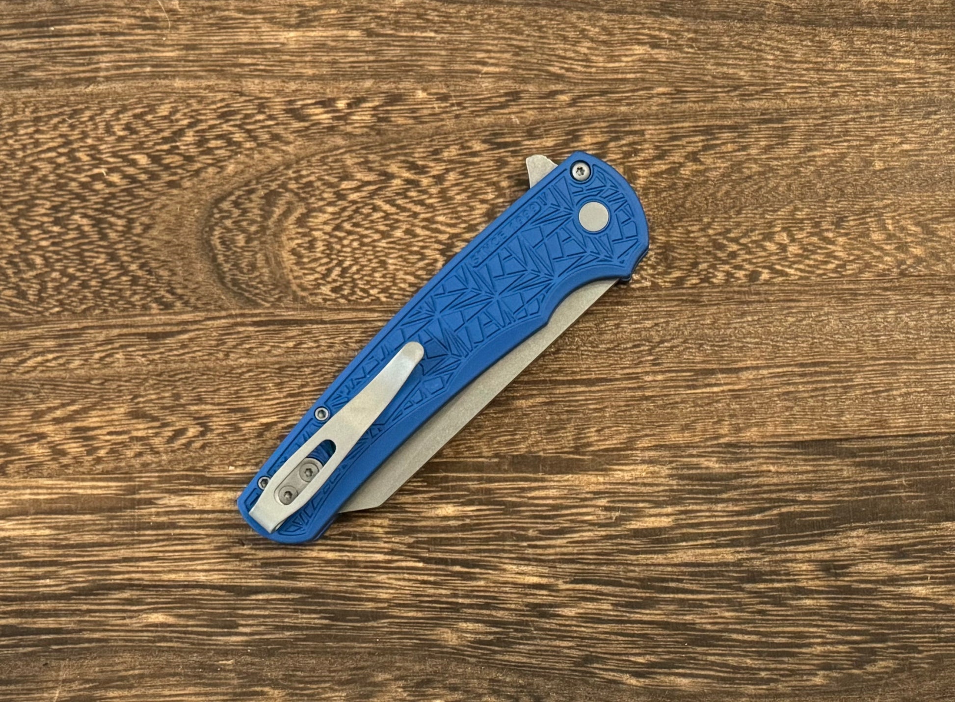 Pro-Tech-Pro-Tech Malibu "Nexus" - Blue 25 Year Anniversary Pattern Milled Handle - Stonewash Reverse Tanto Blade - MOP Inlaid Push Button - Blasted Hardware - (5405-BLUE NEXUS)-4-Urban Cutlery
