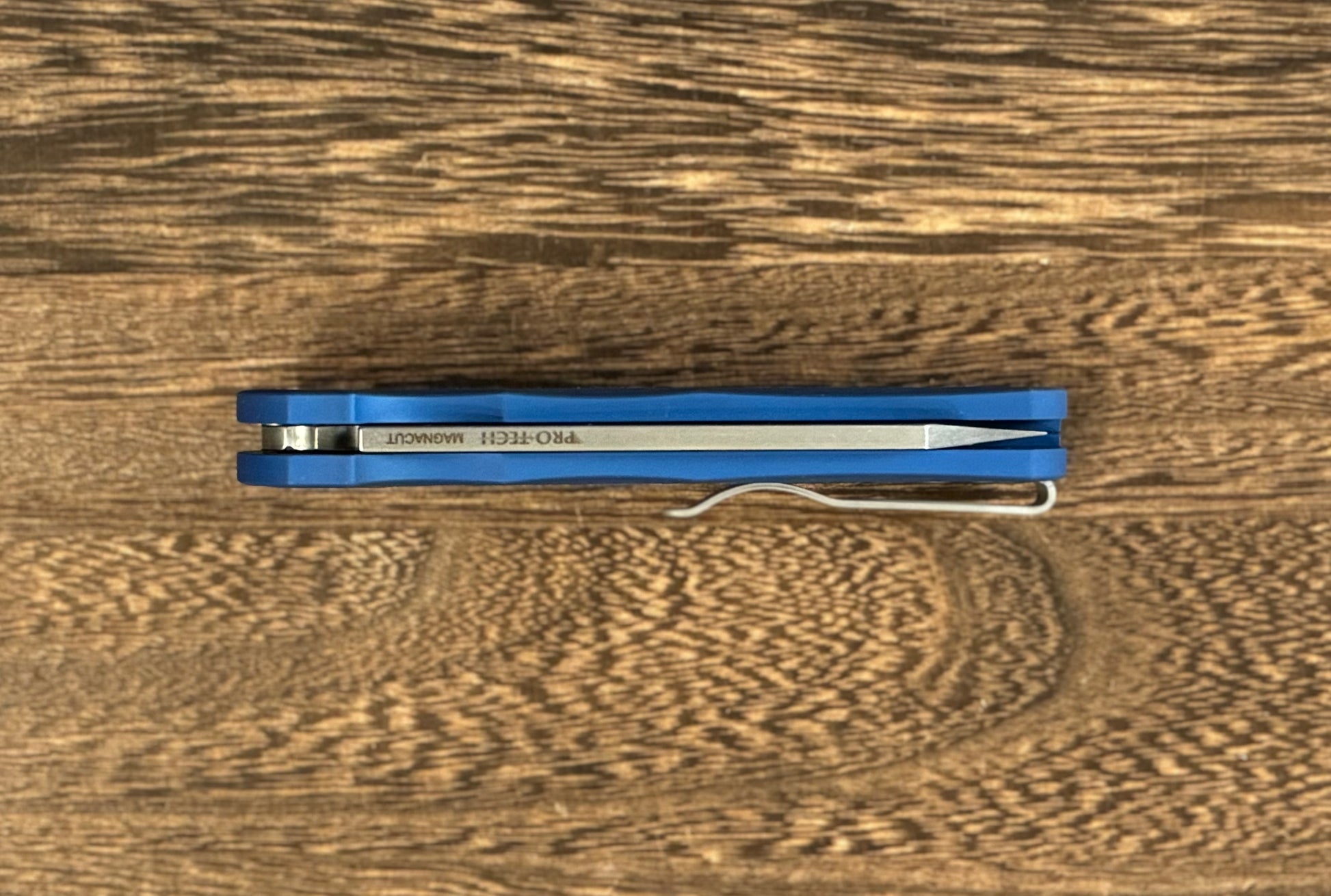 Pro-Tech-Pro-Tech Malibu "Nexus" - Blue 25 Year Anniversary Pattern Milled Handle - Stonewash Reverse Tanto Blade - MOP Inlaid Push Button - Blasted Hardware - (5405-BLUE NEXUS)-5-Urban Cutlery