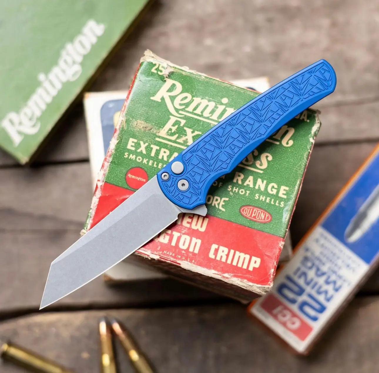 Pro-Tech-Pro-Tech Malibu "Nexus" - Blue 25 Year Anniversary Pattern Milled Handle - Stonewash Reverse Tanto Blade - MOP Inlaid Push Button - Blasted Hardware - (5405-BLUE NEXUS)-7-Urban Cutlery