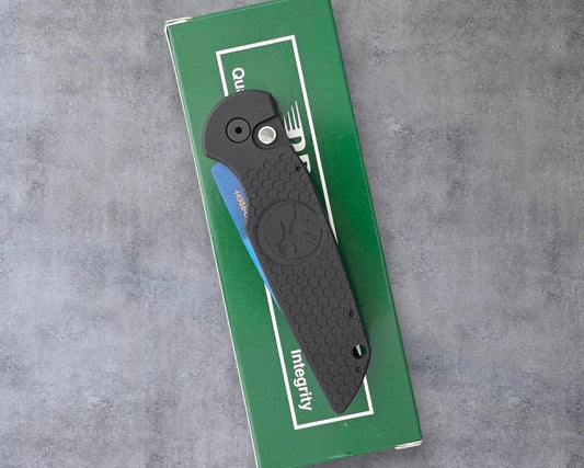 Pro-Tech-Pro-Tech NHC TR-3 Auto "Factory Seconds" - Nighthawk Custom Dimples & Moon Hawk Logo, Black Double Stack Anodized Aluminum Handle - Black Lip Pearl Button - Sapphire Blue PVD 154CM Blade-Urban Cutlery