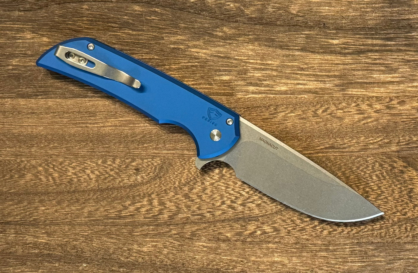 Pro-Tech-Pro-Tech NYC Watch Wind Up Exclusive Mordax - Blue Handle - Stonewash Magnacut Blade - Mosaic Pin Button - Satin Hardware and Accents /30-2-Urban Cutlery