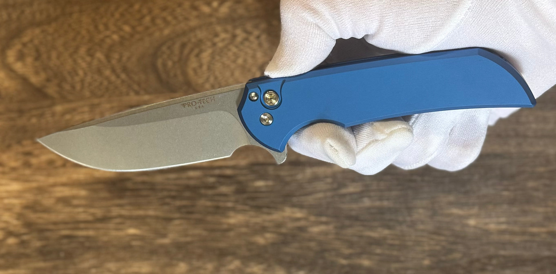 Pro-Tech-Pro-Tech NYC Watch Wind Up Exclusive Mordax - Blue Handle - Stonewash Magnacut Blade - Mosaic Pin Button - Satin Hardware and Accents /30-6-Urban Cutlery