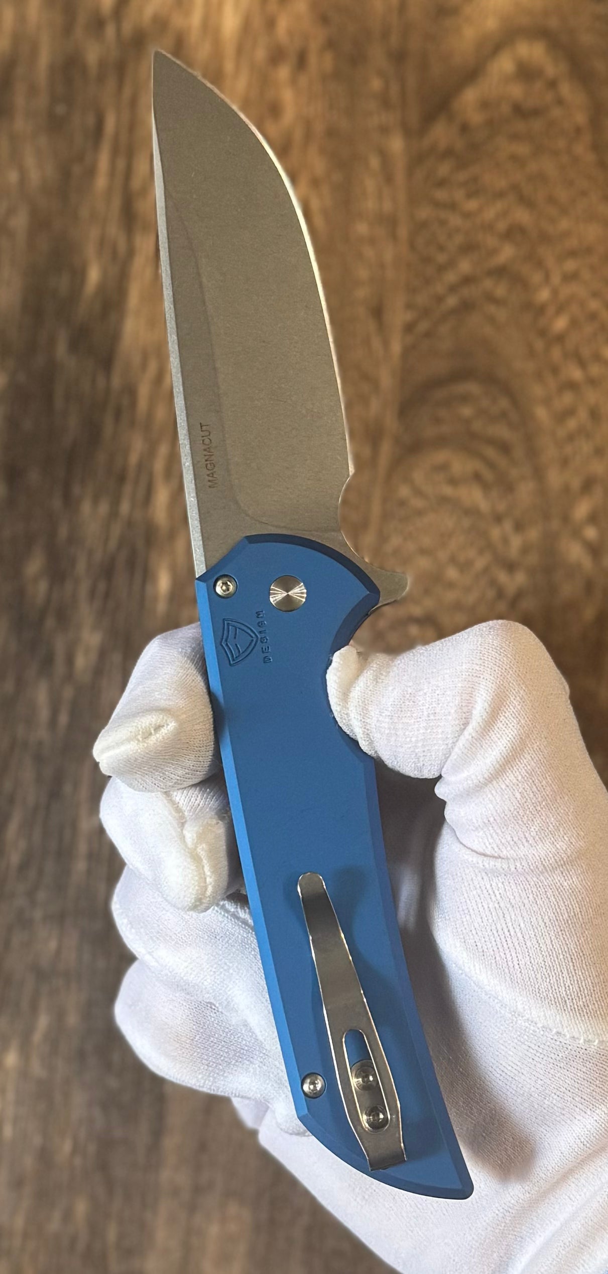 Pro-Tech-Pro-Tech NYC Watch Wind Up Exclusive Mordax - Blue Handle - Stonewash Magnacut Blade - Mosaic Pin Button - Satin Hardware and Accents /30-7-Urban Cutlery