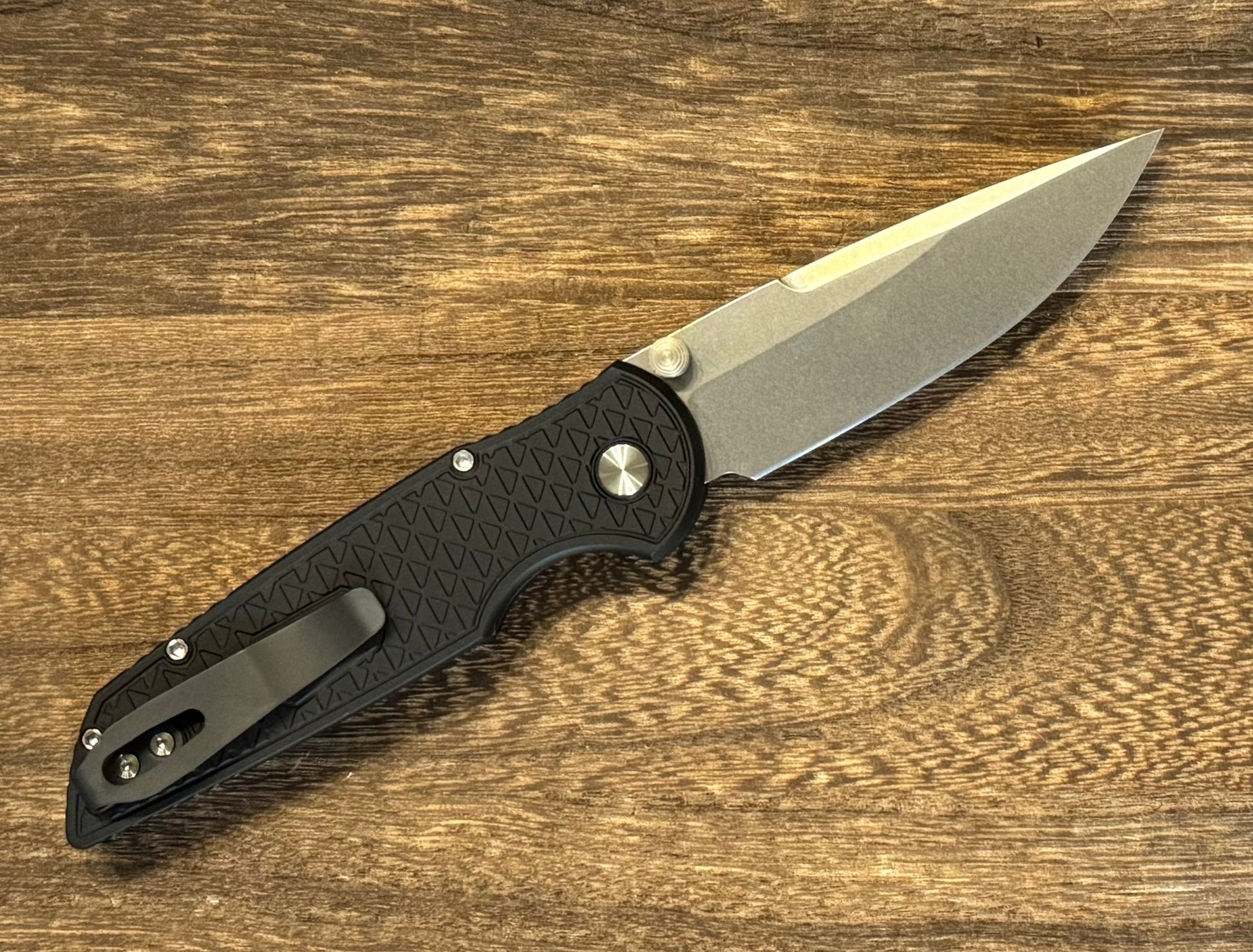 Pro-Tech-Pro-Tech NYC Watch Wind Up Exclusive TR-3 INTEGRITY Manual - Relic Textured Black Handle - Black Lip Pearl Button - Stonewash S35vn Blade - Satin Wide Deep Carry Clip /20-Urban Cutlery