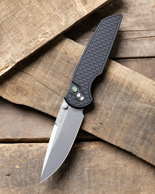 Pro-Tech-Pro-Tech NYC Watch Wind Up Exclusive TR-3 INTEGRITY Manual - Relic Textured Black Handle - Black Lip Pearl Button - Stonewash S35vn Blade - Satin Wide Deep Carry Clip /20-Urban Cutlery
