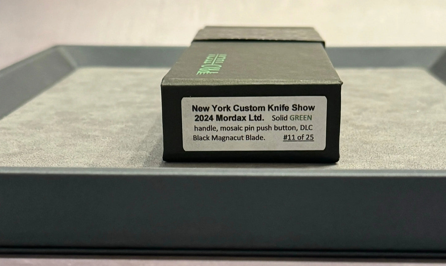 Pro-Tech-Pro-Tech NYCKS Special Mordax Wharncliffe - Green Handle - Mosaic Pin Push Button - DLC Black Magnacut Blade /25 - Brand New-10-Urban Cutlery