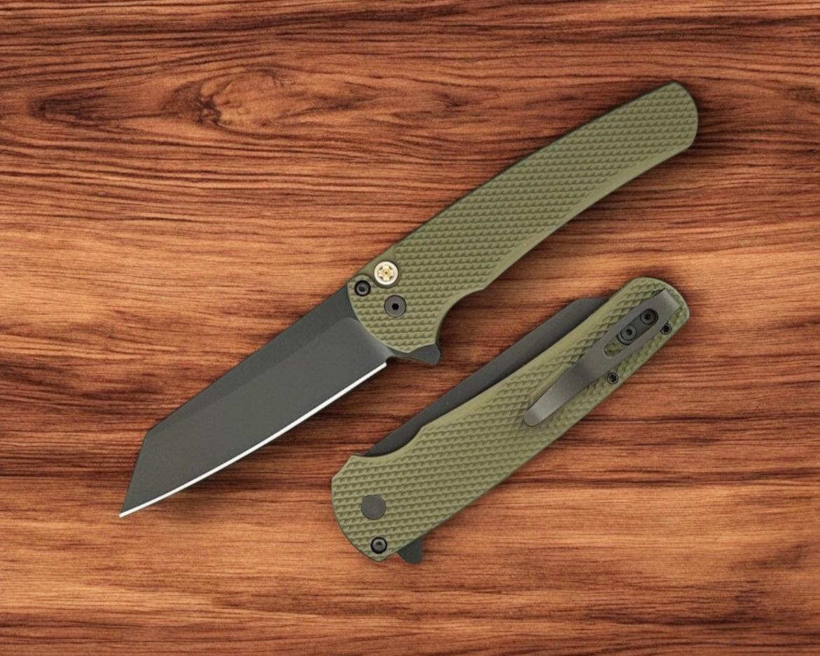 Pro-Tech-Pro-Tech NYCKS25.Malibu.1 NYCKS Special Malibu - Textured Green Handle - DLC Black Magnacut Reverse Tanto Blade - Mosaic Push Button /50-2-Urban Cutlery