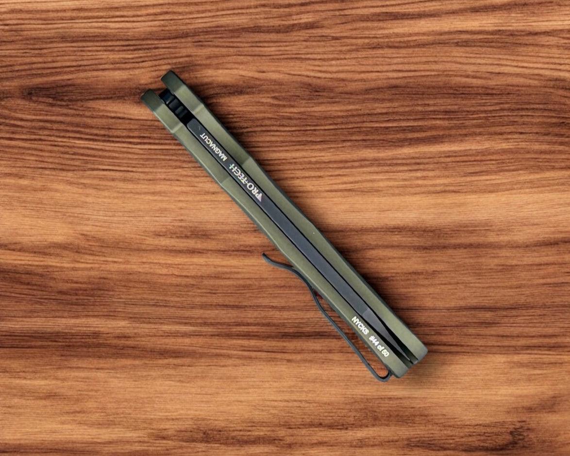Pro-Tech-Pro-Tech NYCKS25.Malibu.1 NYCKS Special Malibu - Textured Green Handle - DLC Black Magnacut Reverse Tanto Blade - Mosaic Push Button /50-7-Urban Cutlery