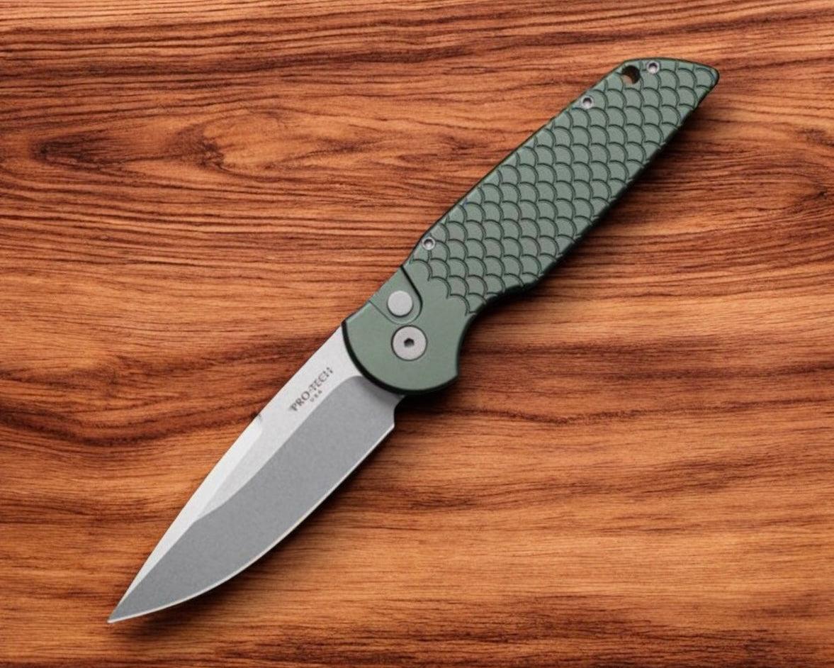 Pro-Tech-Pro-Tech TR-3 Auto - Green "Fish Scale" Handle - 2-Tone Stonewash 154cm Blade-2-Urban Cutlery