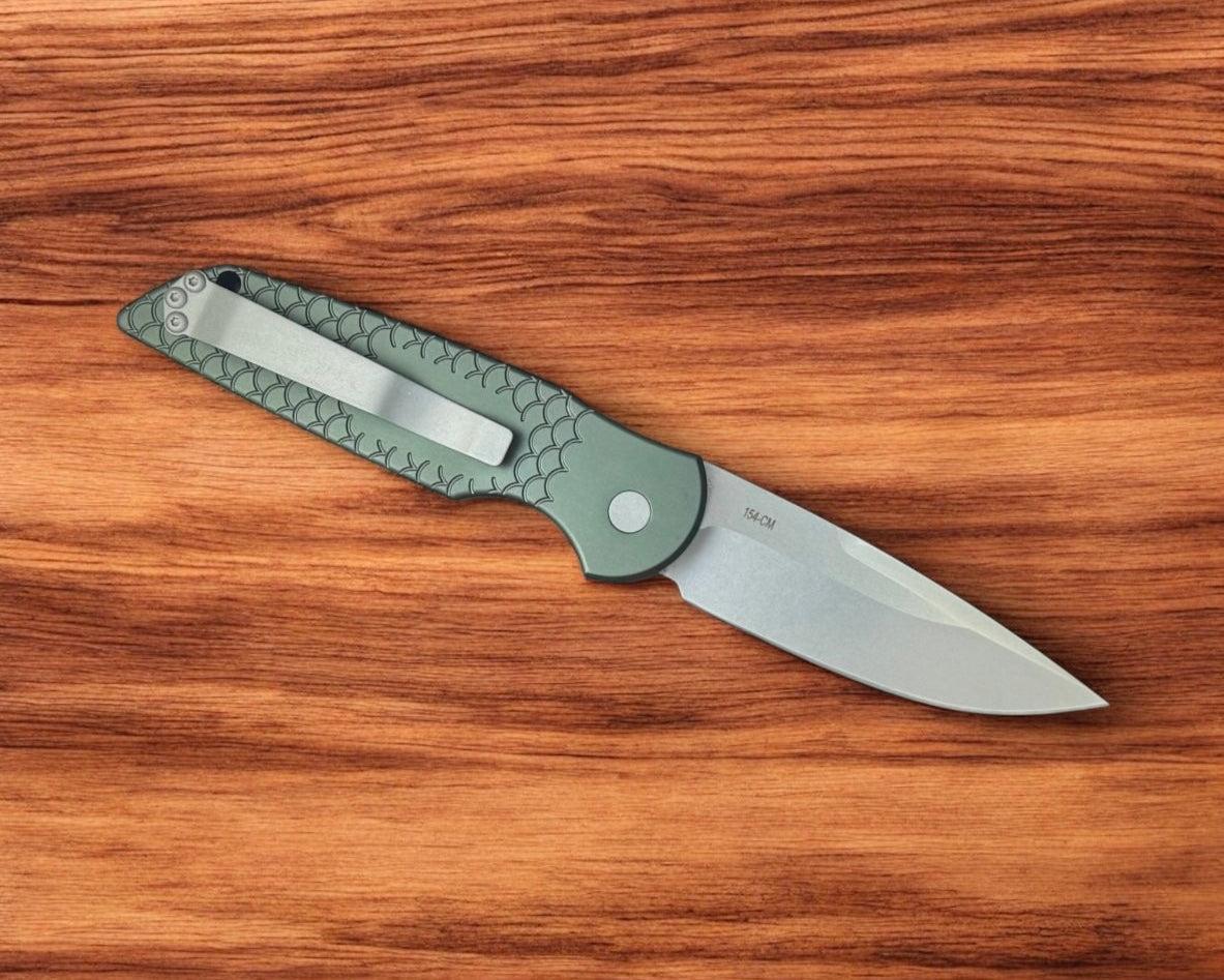 Pro-Tech-Pro-Tech TR-3 Auto - Green "Fish Scale" Handle - 2-Tone Stonewash 154cm Blade-3-Urban Cutlery