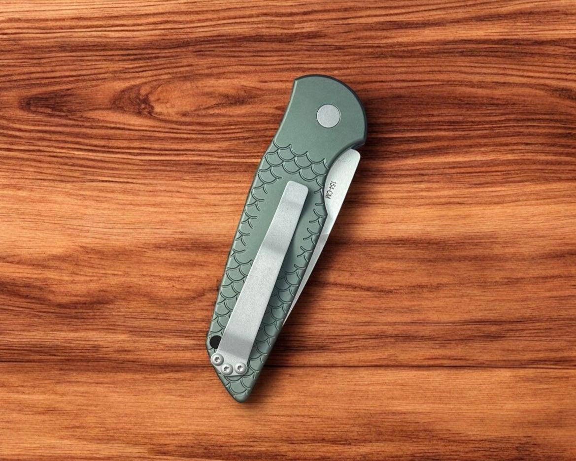 Pro-Tech-Pro-Tech TR-3 Auto - Green "Fish Scale" Handle - 2-Tone Stonewash 154cm Blade-5-Urban Cutlery