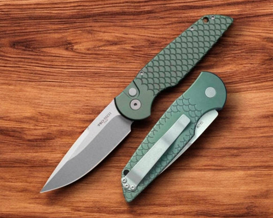 Pro-Tech-Pro-Tech TR-3 Auto - Green "Fish Scale" Handle - 2-Tone Stonewash 154cm Blade-Urban Cutlery