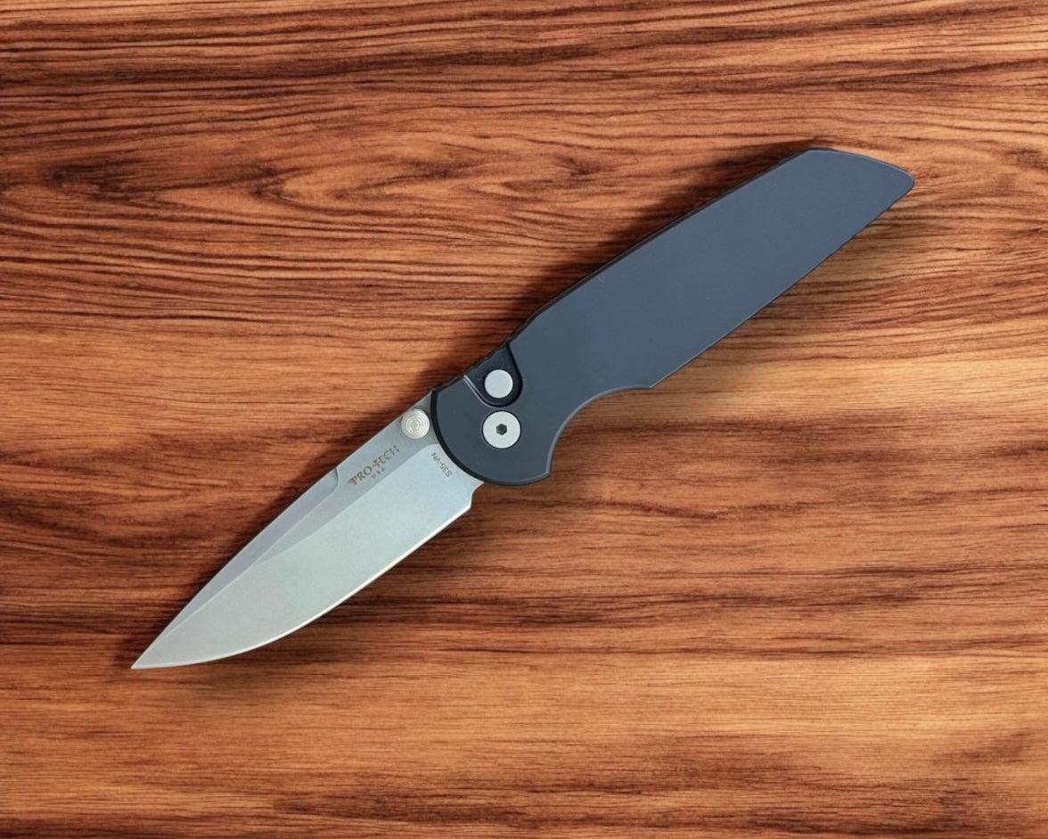 Pro-Tech-Pro-Tech TR-3 INTEGRITY Manual - Black Handle - Stonewash S35vn Blade - Black DLC Coated Mini Deep Carry Clip-1-Urban Cutlery