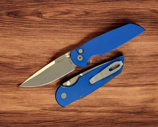 Pro-Tech-Pro-Tech TR-3 INTEGRITY Manual - Blue Handle - Stonewash S35vn Blade - Blasted Hardware-Urban Cutlery