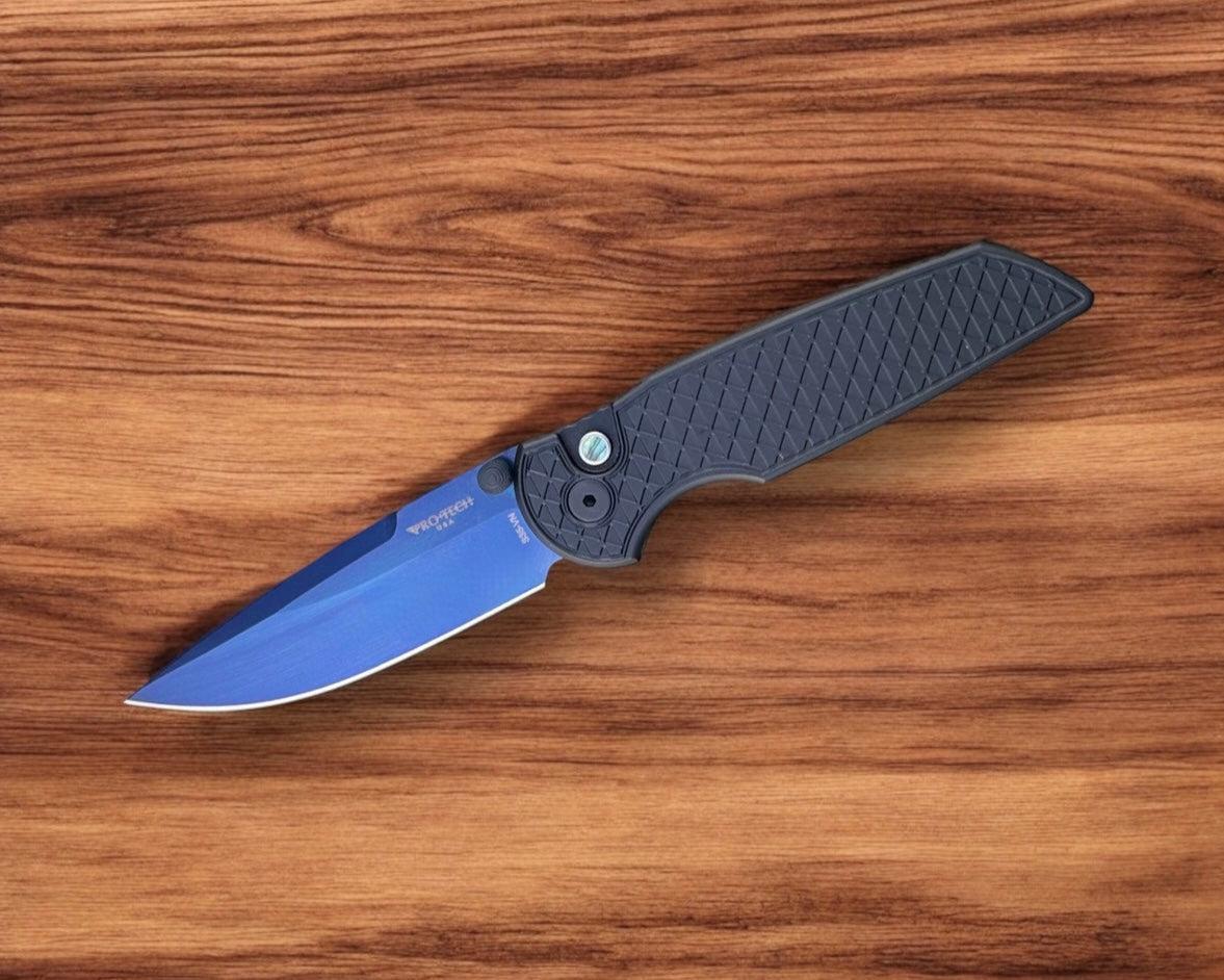 Pro-Tech-Pro-Tech TR-3 INTEGRITY Manual - Relic Textured Black Handle - Sapphire Blue s35vn Blade - Abalone Button - Black Wide Deep Carry Clip-Urban Cutlery