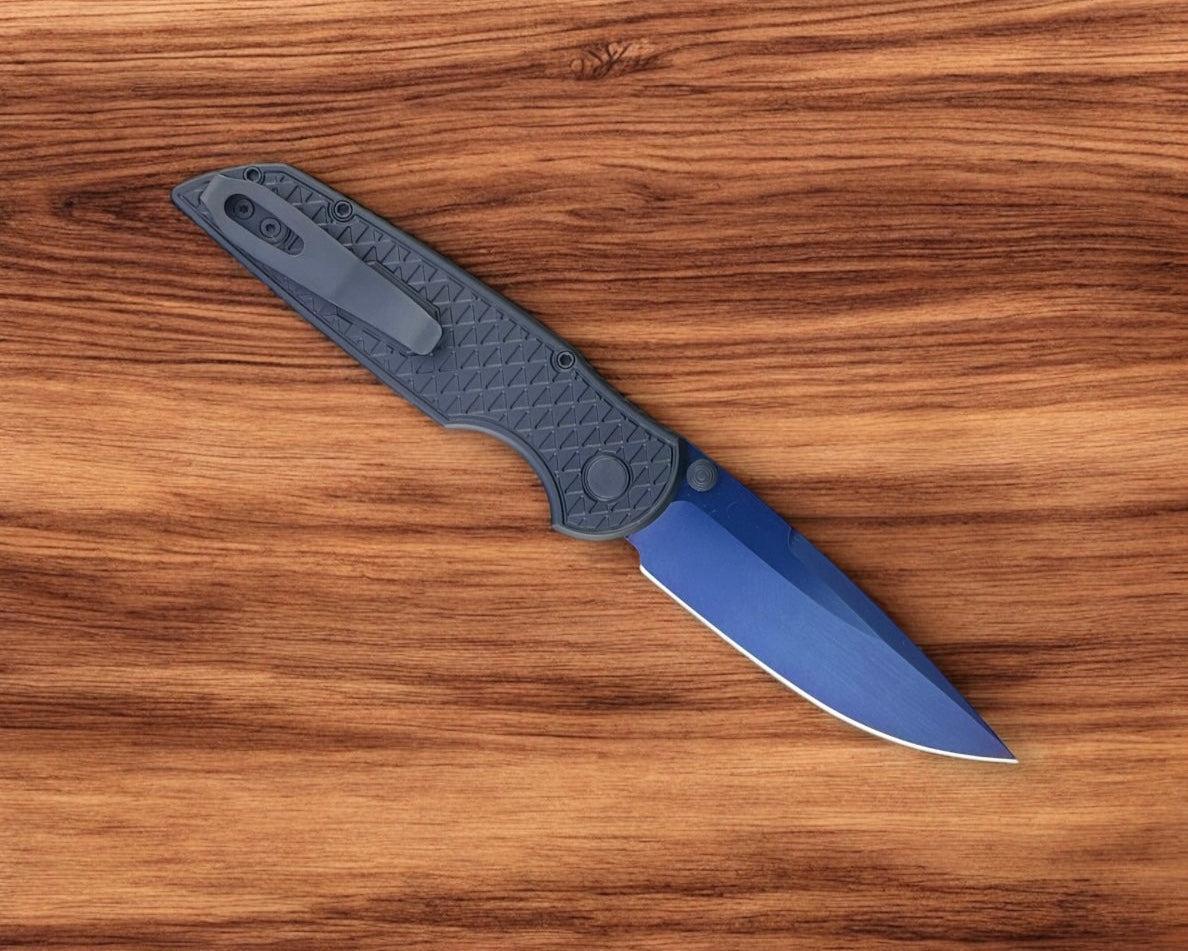 Pro-Tech-Pro-Tech TR-3 INTEGRITY Manual - Relic Textured Black Handle - Sapphire Blue s35vn Blade - Abalone Button - Black Wide Deep Carry Clip-Urban Cutlery