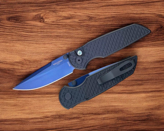 Pro-Tech-Pro-Tech TR-3 INTEGRITY Manual - Relic Textured Black Handle - Sapphire Blue s35vn Blade - Abalone Button - Black Wide Deep Carry Clip-Urban Cutlery