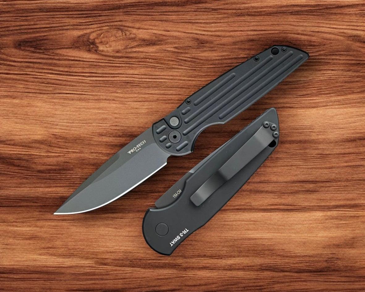 Pro-Tech-Pro-Tech TR-3 SWAT Tactical Response AUTO - Black w/ Groove Texture Handle - Black 154cm Blade - All Black Hardware-1-Urban Cutlery