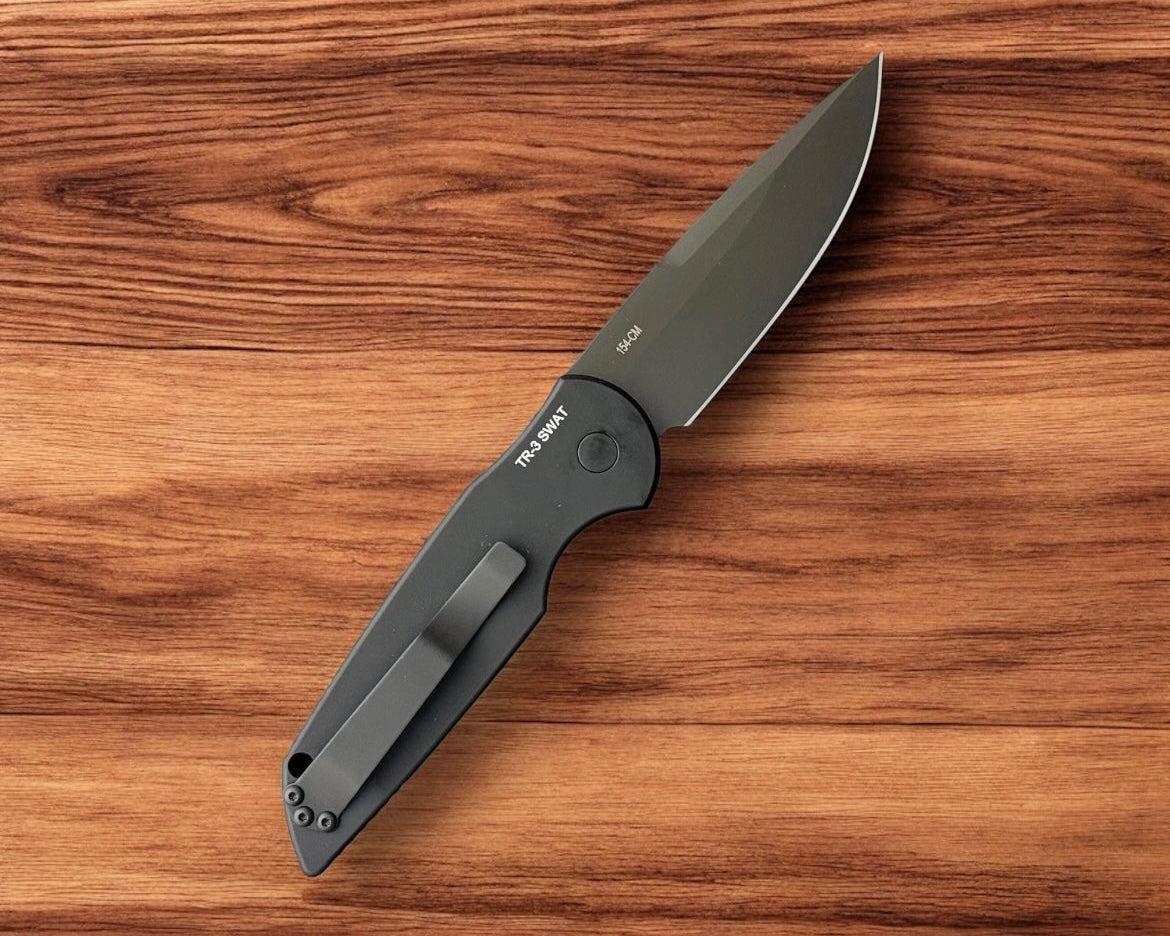 Pro-Tech-Pro-Tech TR-3 SWAT Tactical Response AUTO - Black w/ Groove Texture Handle - Black 154cm Blade - All Black Hardware-3-Urban Cutlery