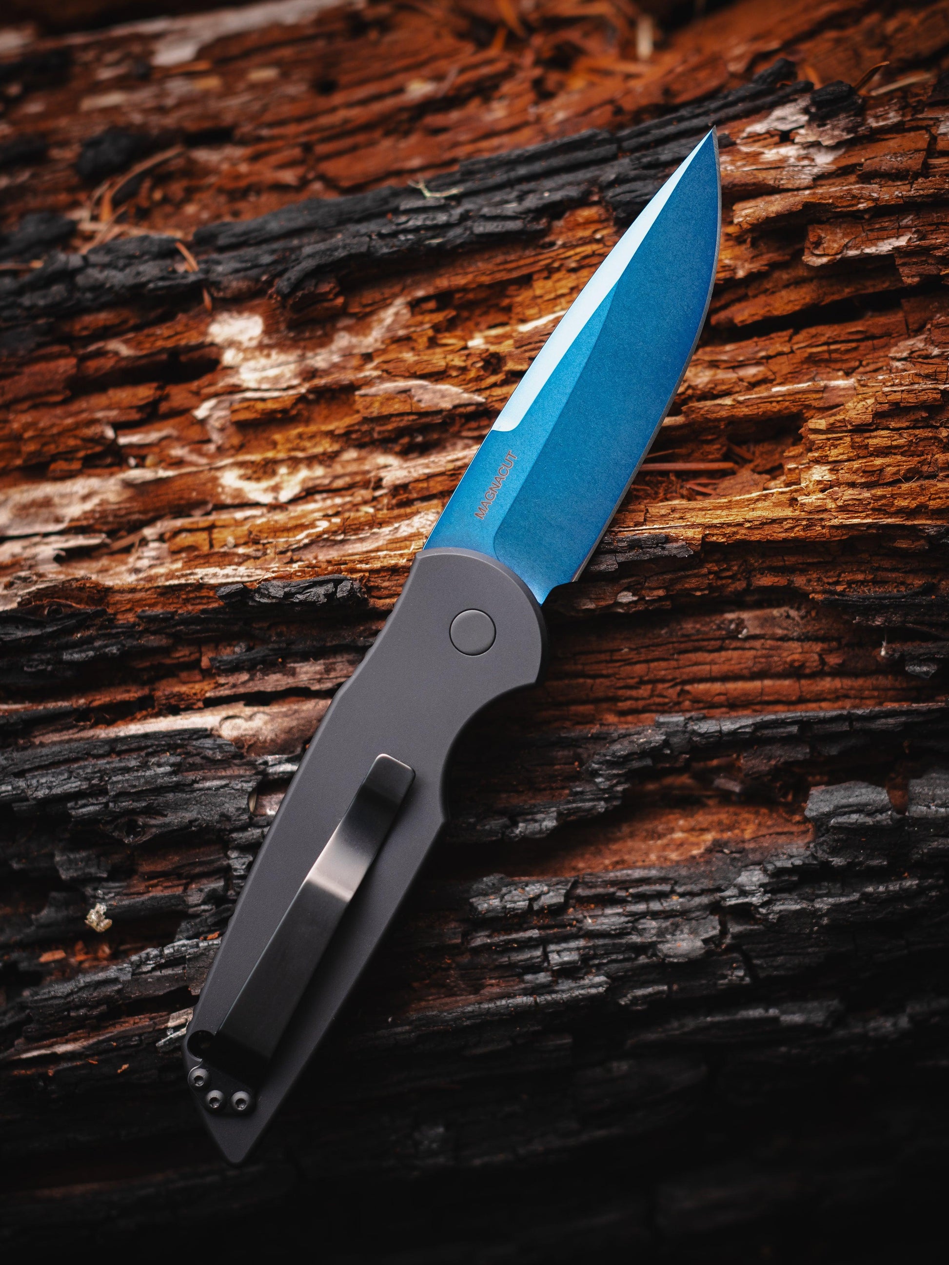 Pro-Tech-Pro-Tech TR-3.SB.MC TR-3 Tactical Response AUTO - Black w/ Groove Texture Handle - Sapphire MAGNACUT Blade - Abalone Button - All Black Hardware-Urban Cutlery