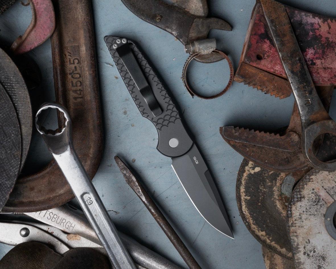 Pro-Tech-Pro-Tech TR-3.X1.M TR-3 AUTO - MILITARY ISSUE - Black "Fish Scale" Handle - Black 154cm Blade - Secondary Slide Safety-2-Urban Cutlery