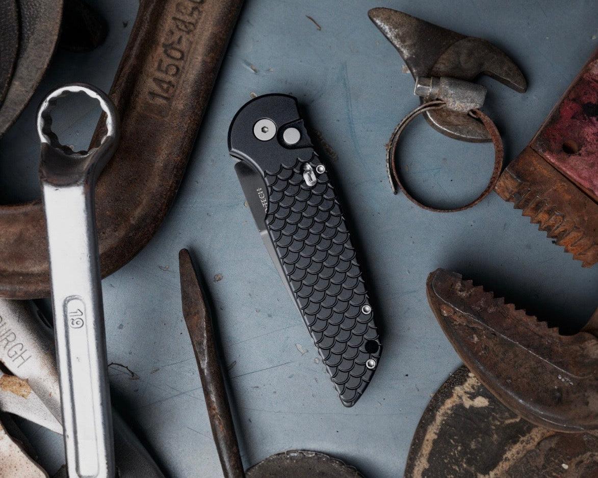 Pro-Tech-Pro-Tech TR-3.X1.M TR-3 AUTO - MILITARY ISSUE - Black "Fish Scale" Handle - Black 154cm Blade - Secondary Slide Safety-Urban Cutlery