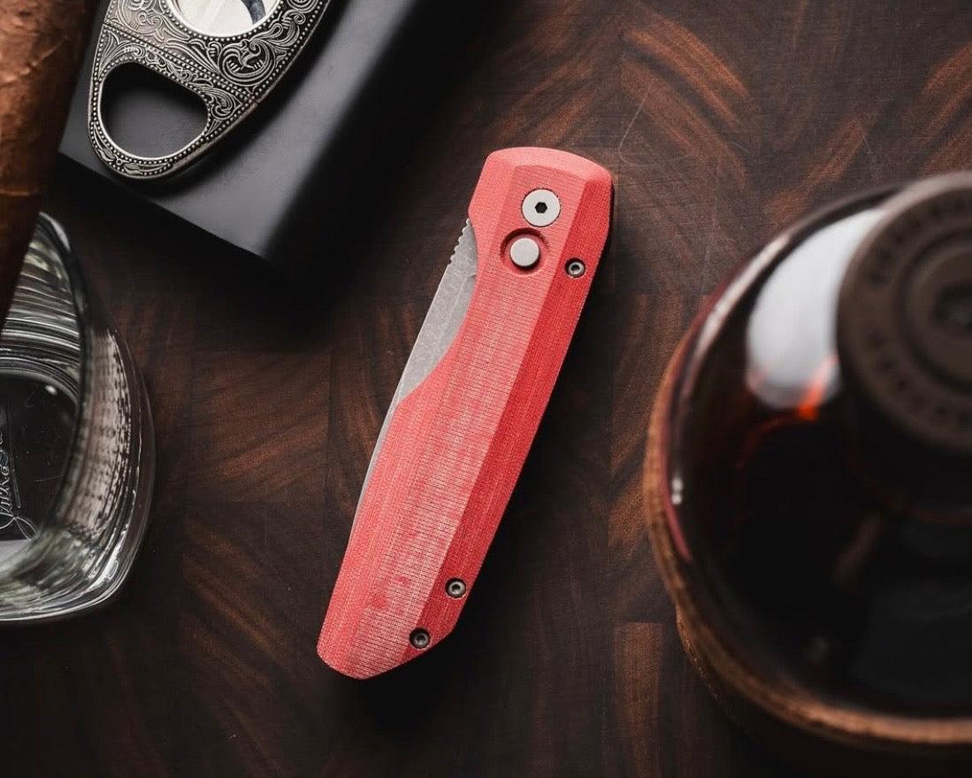 Pro-Tech-Pro-Tech VERO1211-AW.Red.Linen Vero Synapse Auto - Black Aluminum and Red Linen Micarta Handle - Acid Washed Magnacut Blade - Blasted Hardware - Machined Ti Clip-Urban Cutlery