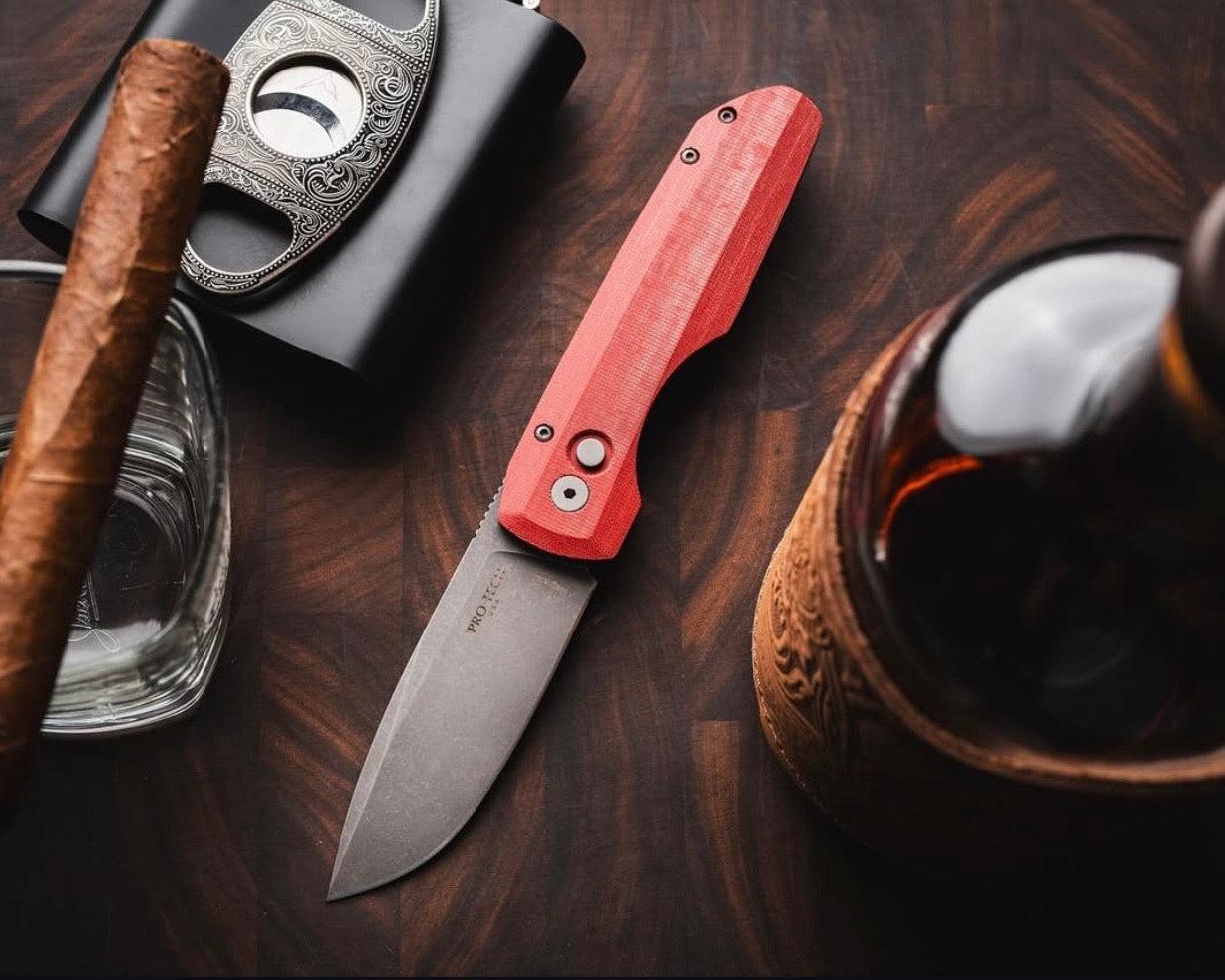 Pro-Tech-Pro-Tech VERO1211-AW.Red.Linen Vero Synapse Auto - Black Aluminum and Red Linen Micarta Handle - Acid Washed Magnacut Blade - Blasted Hardware - Machined Ti Clip-Urban Cutlery