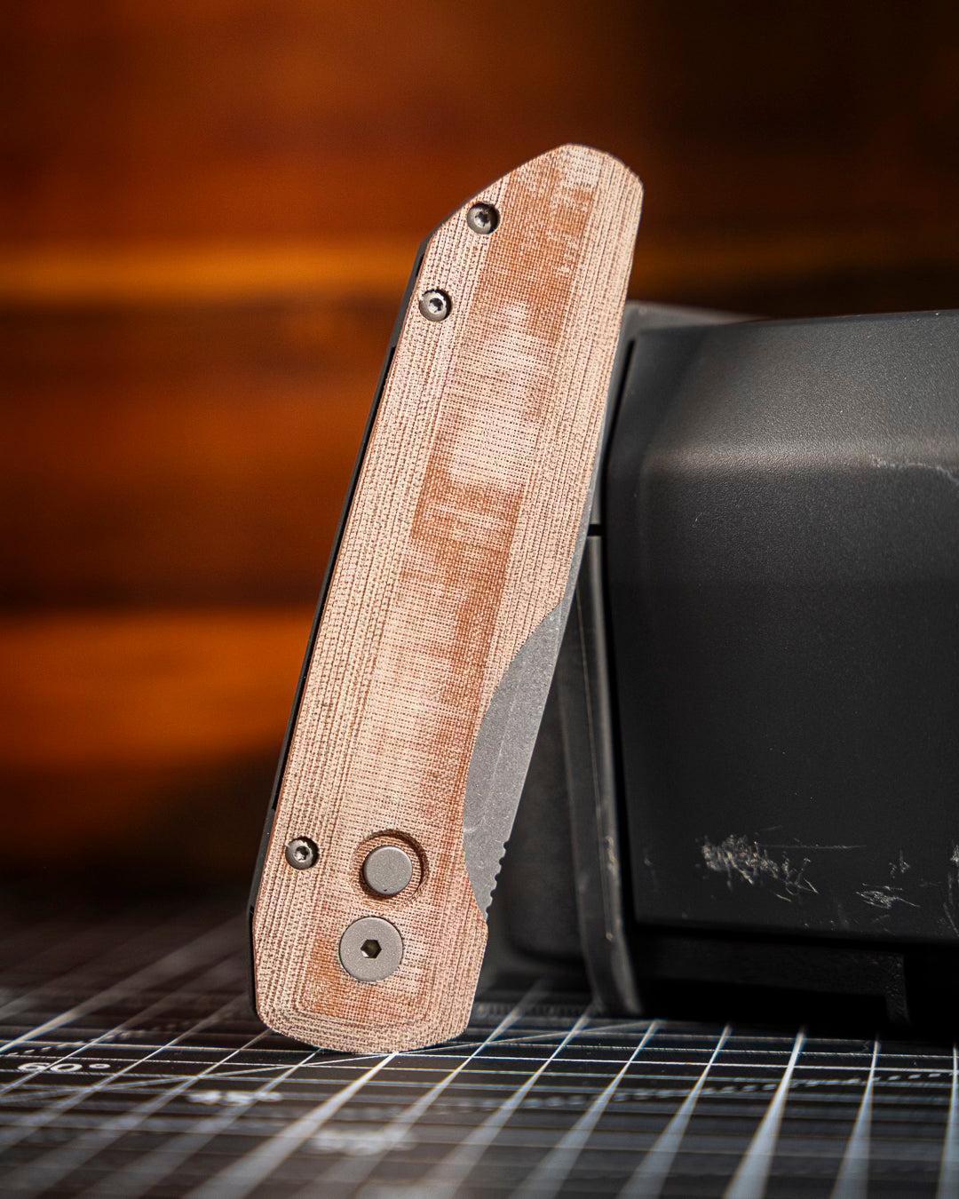 Pro-Tech-Pro-Tech VERO1211-NATURAL.Linen Vero Synapse Auto - Black Aluminum and Natural Linen Micarta Handle - Stonewash Magnacut Blade - Blasted Hardware - Machined Ti Clip-2-Urban Cutlery