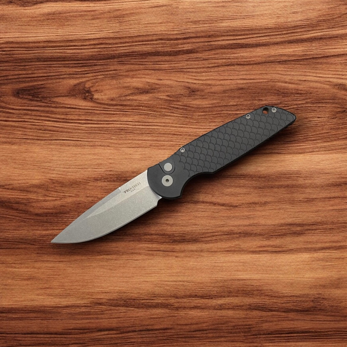 Pro-Tech-Pro-Tech X1.SW.MC TR-3 AUTO - Black "Fish Scale" Handle - 2-Tone Stonewash Magnacut Blade-2-Urban Cutlery