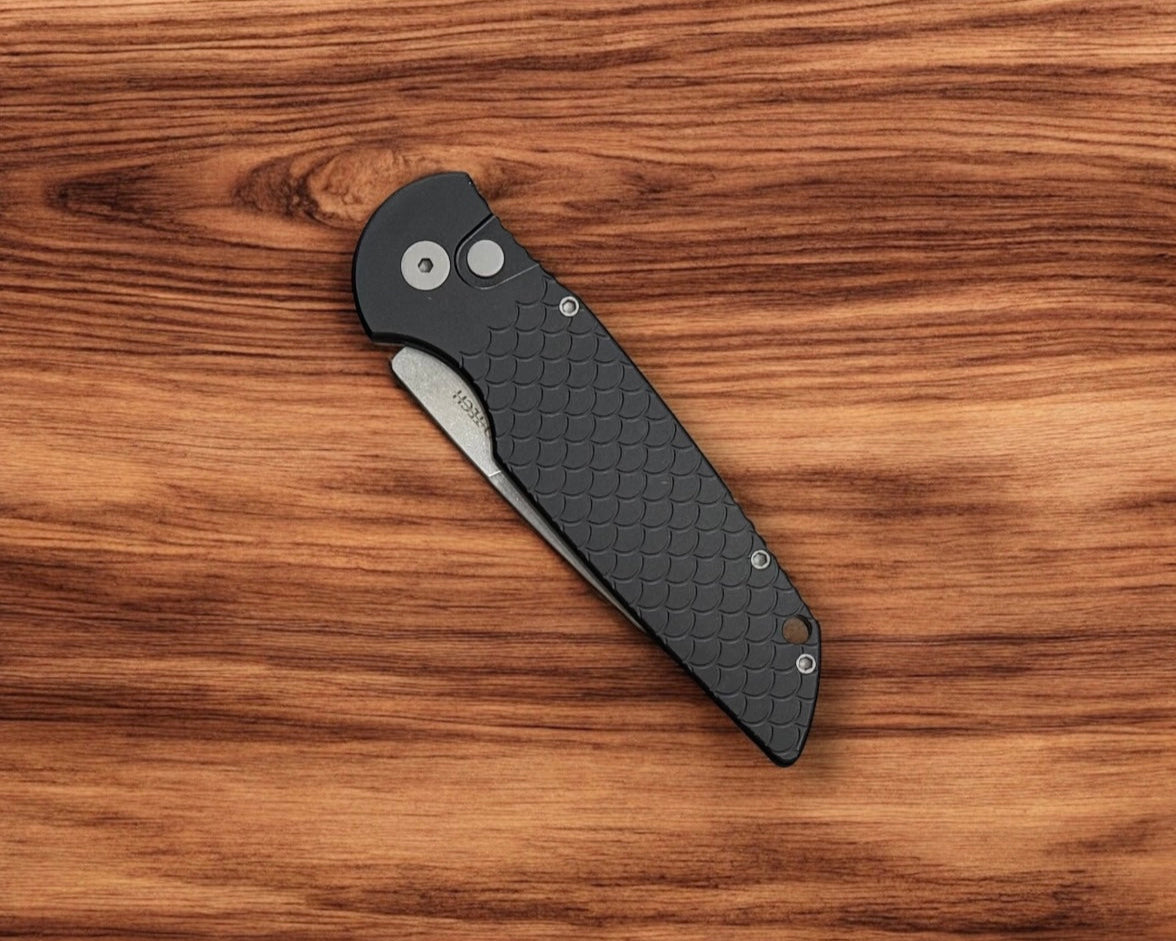Pro-Tech-Pro-Tech X1.SW.MC TR-3 AUTO - Black "Fish Scale" Handle - 2-Tone Stonewash Magnacut Blade-4-Urban Cutlery