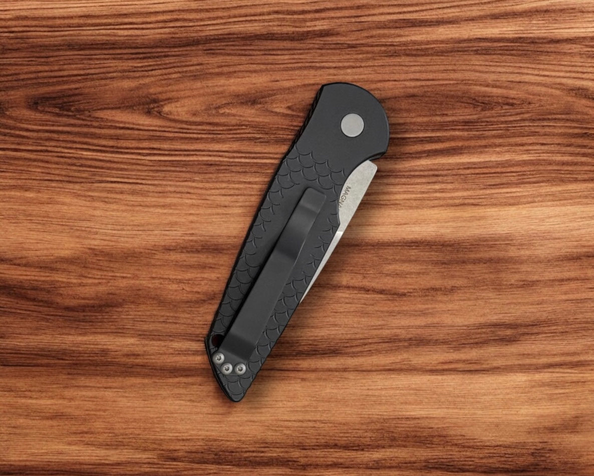 Pro-Tech-Pro-Tech X1.SW.MC TR-3 AUTO - Black "Fish Scale" Handle - 2-Tone Stonewash Magnacut Blade-5-Urban Cutlery
