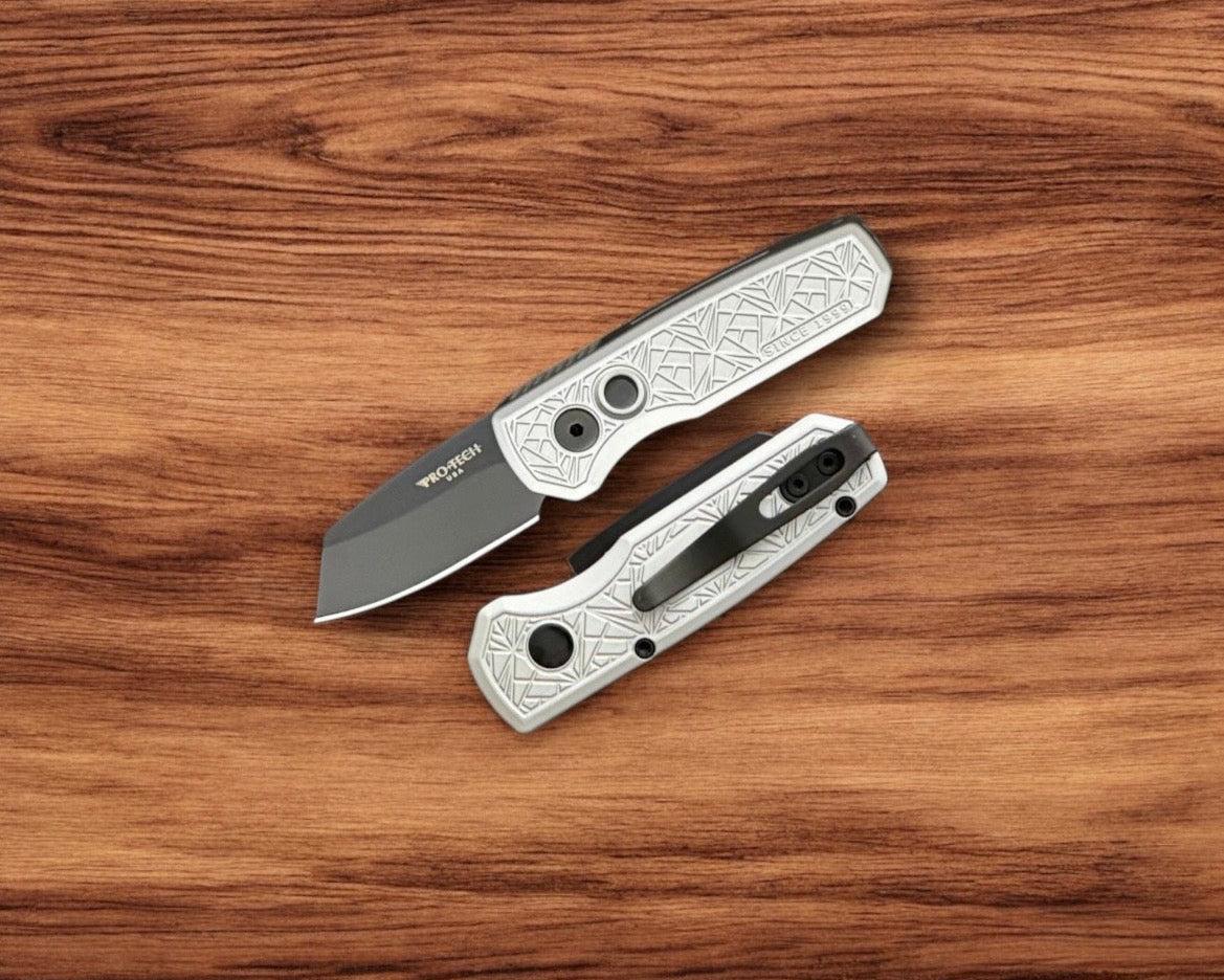 Pro-Tech-Protech R5203.Grey Nexus Runt AUTO - "Nexus" Textured Grey Handle - DLC Black 20CV Reverse Tanto Blade - Black Hardware-1-Urban Cutlery