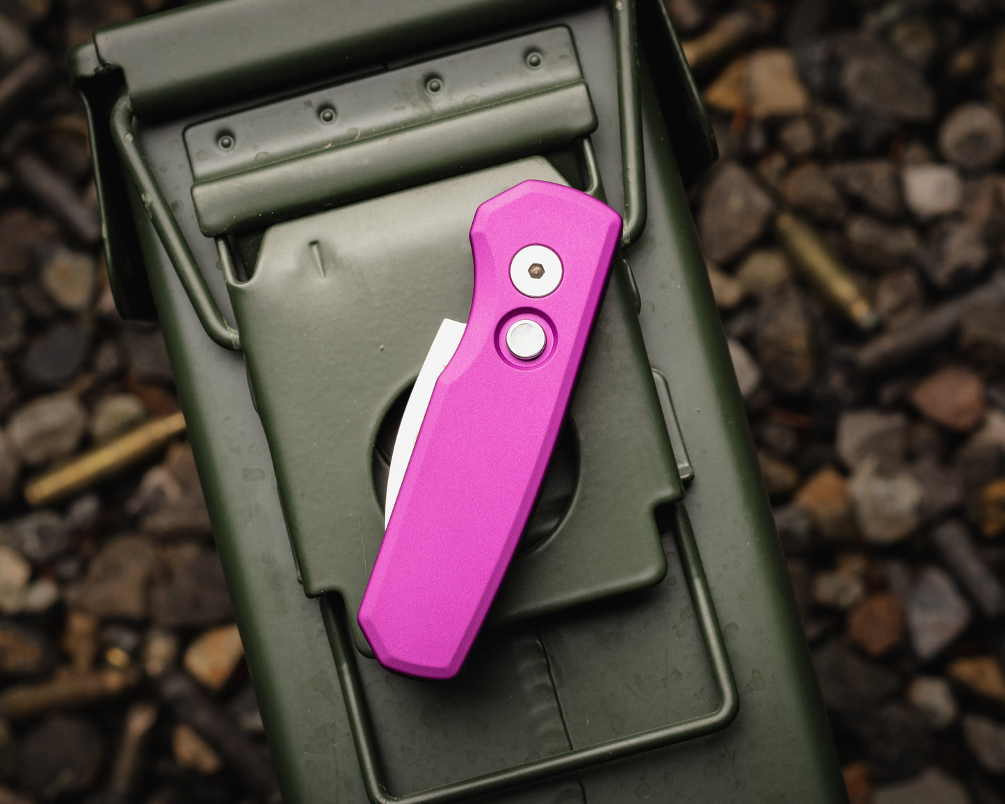 Pro-Tech-Protech R5300.LTD.Purple Runt AUTO - Smooth Purple Handle - Machine Satin MAGNACUT Wharncliffe Blade - Pearl Button - Satin Hardware-Urban Cutlery
