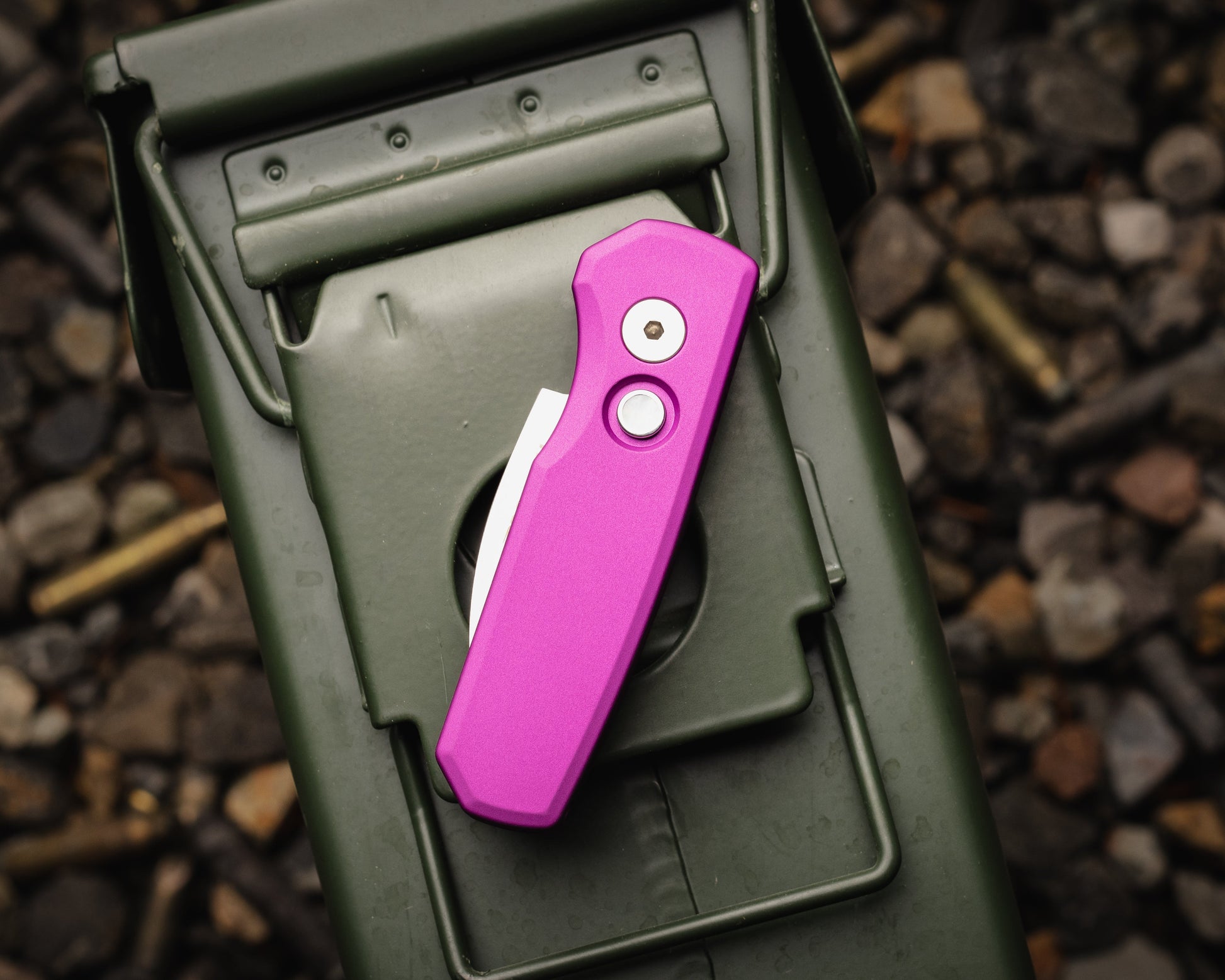 Pro-Tech-Protech R5300.LTD.Purple Runt AUTO - Smooth Purple Handle - Machine Satin MAGNACUT Wharncliffe Blade - Pearl Button - Satin Hardware-Urban Cutlery