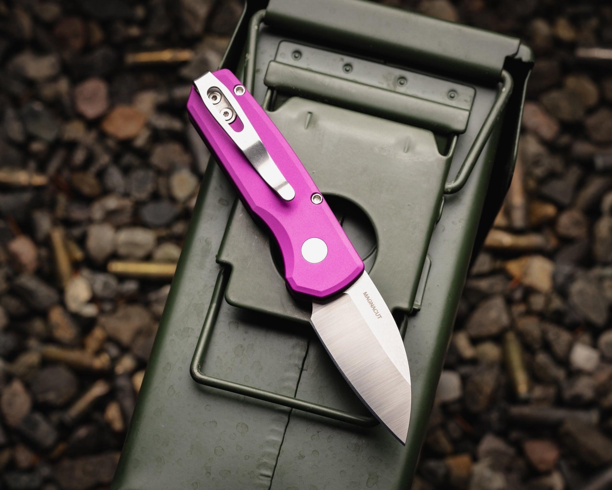 Pro-Tech-Protech R5300.LTD.Purple Runt AUTO - Smooth Purple Handle - Machine Satin MAGNACUT Wharncliffe Blade - Pearl Button - Satin Hardware-Urban Cutlery